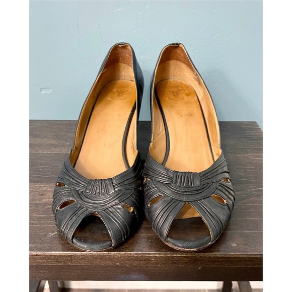 Frye Black Leather Peep Toe Heels - Picture 3 of 7